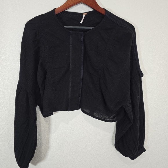 Free People XS Day Dreaming Shirt Black Crop Top Loose Fit Gauze Oversized Boho - Picture 4 of 11